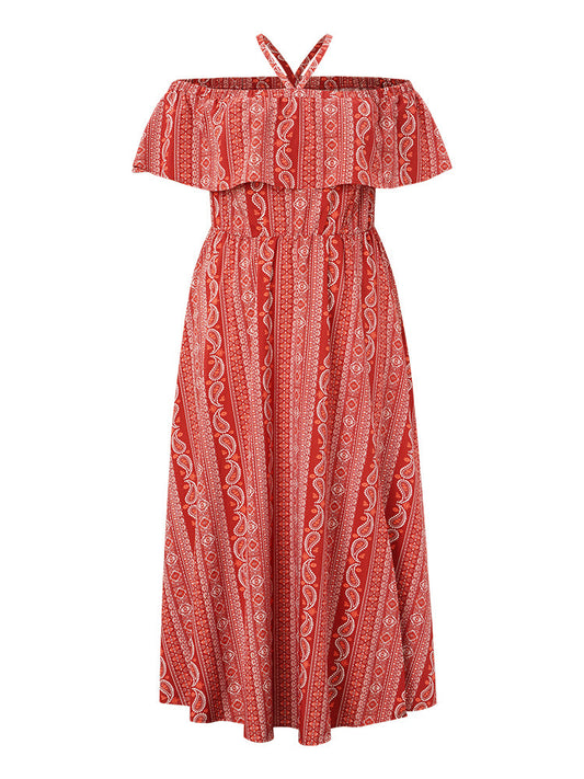 Striped & Paisley Print Ruffle Trim Pocket Split Hem Halter Maxi Dress