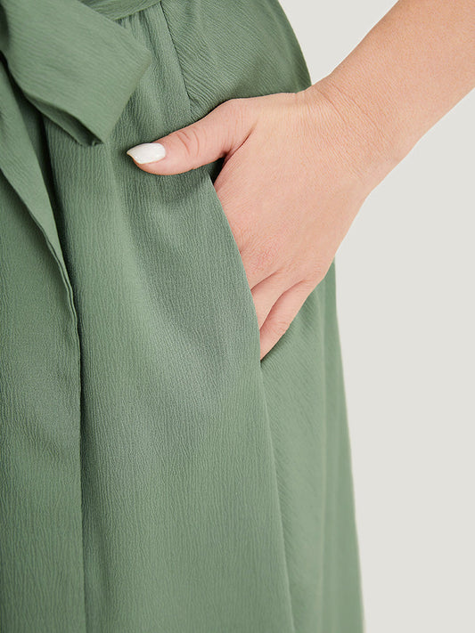 Solid Ruffle Sleeve Button Detail Pocket Belt Knee Dress