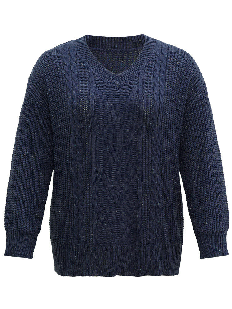 Cable Knit Lurex V Neck Pullover