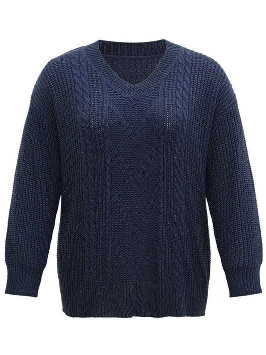 Cable Knit Lurex V Neck Pullover