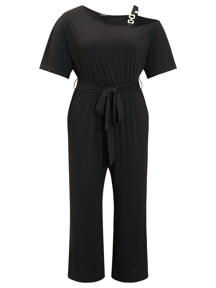 Solid Irregular Neck Pocket Belt Jumpsuit