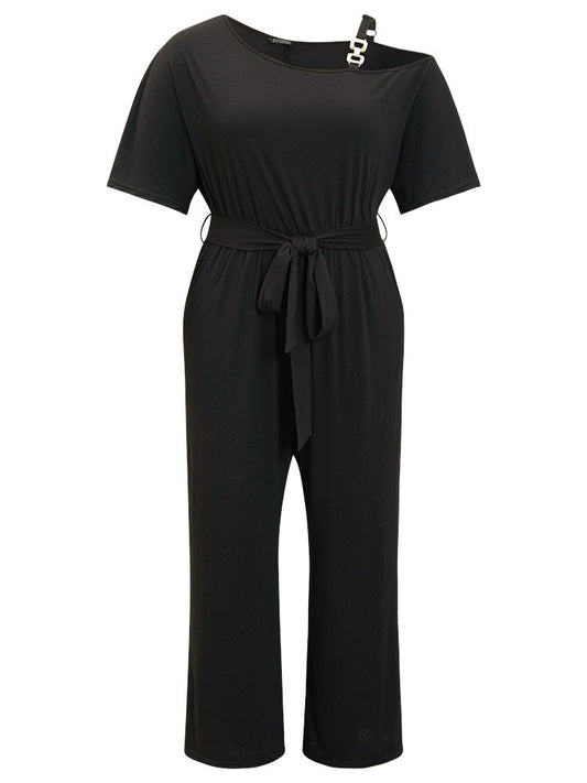 Solid Irregular Neck Pocket Belt Jumpsuit