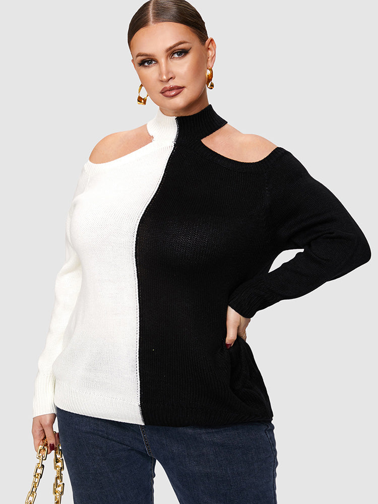 Colorblock Cut Out Shoulder Sweater
