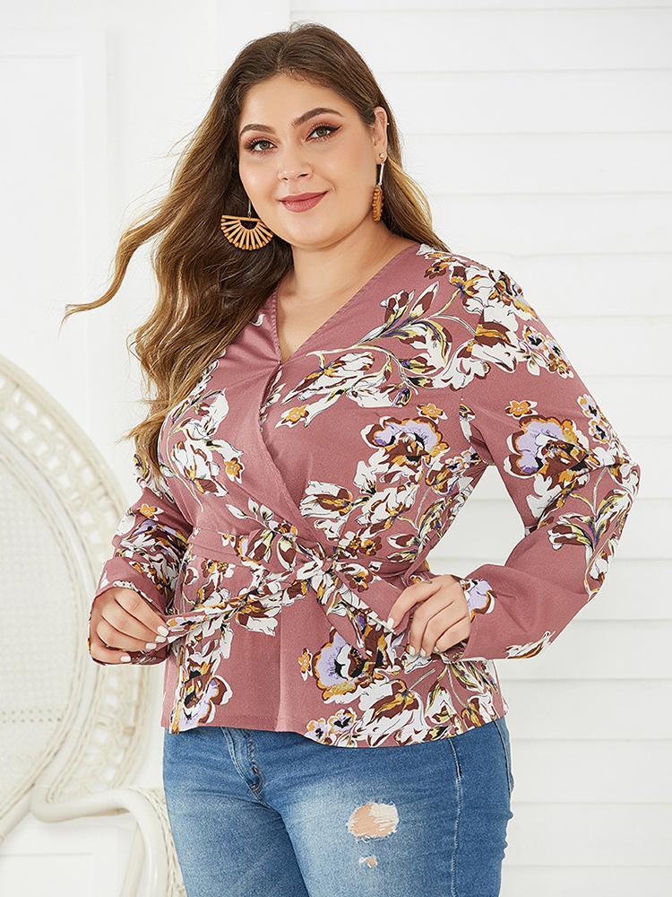 Floral Printed Wrap V-neck Blouse