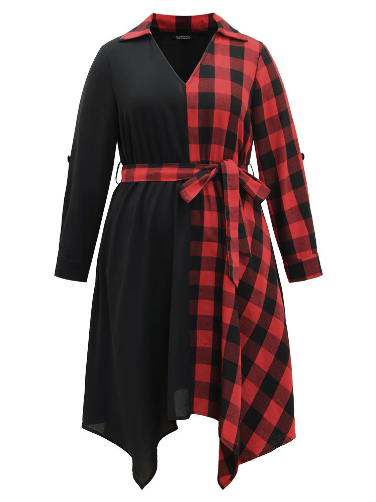 Plaid Patchwork Belted Hanky Hem Dress