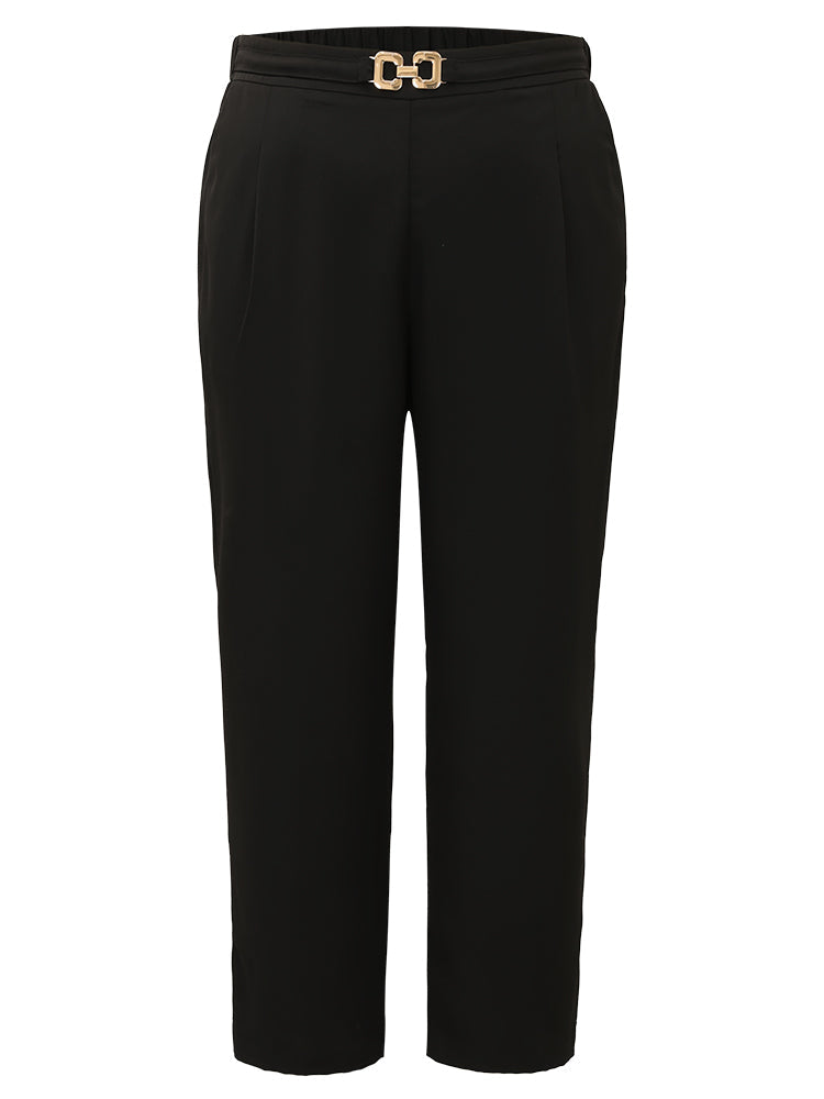 Solid Metal Detail High Rise Straight Leg Pants