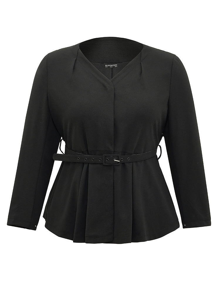 Solid Pleated Button Up Belted Blazer