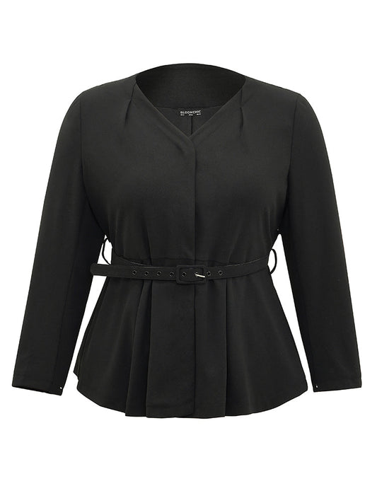 Solid Pleated Button Up Belted Blazer