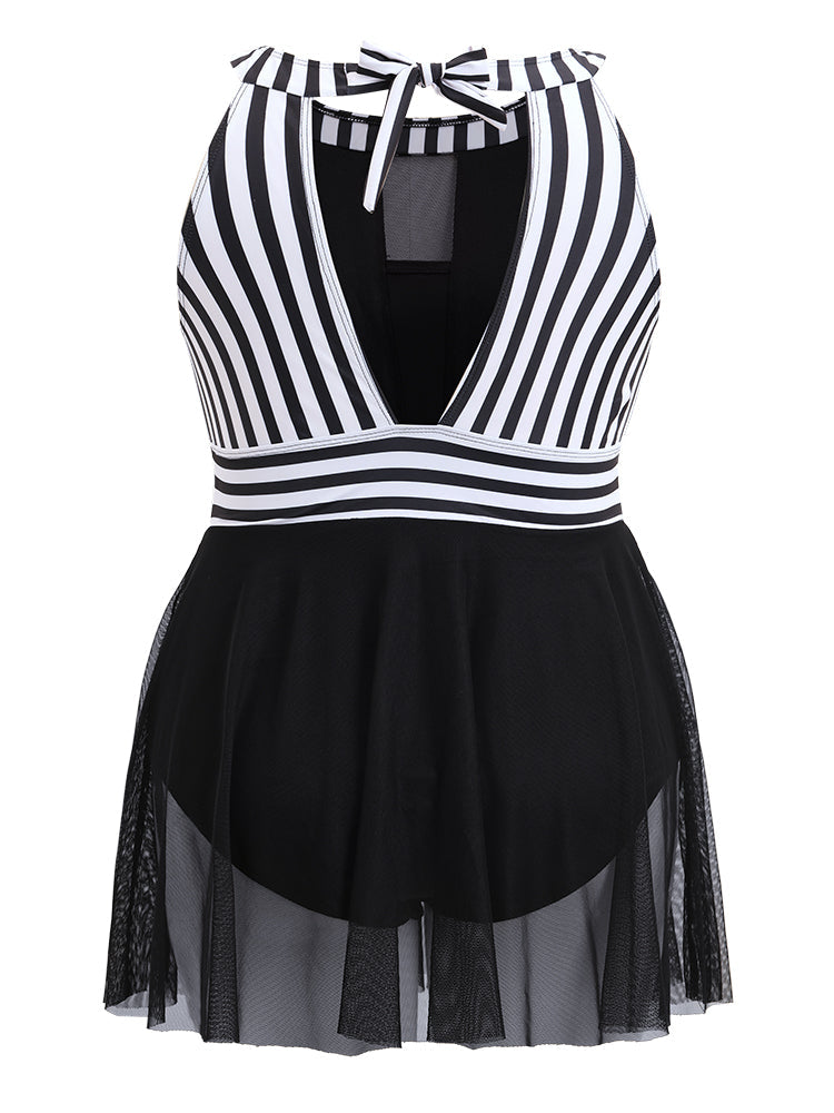 Striped Contrast Mesh Insert Knot Back Halter Swim Dress