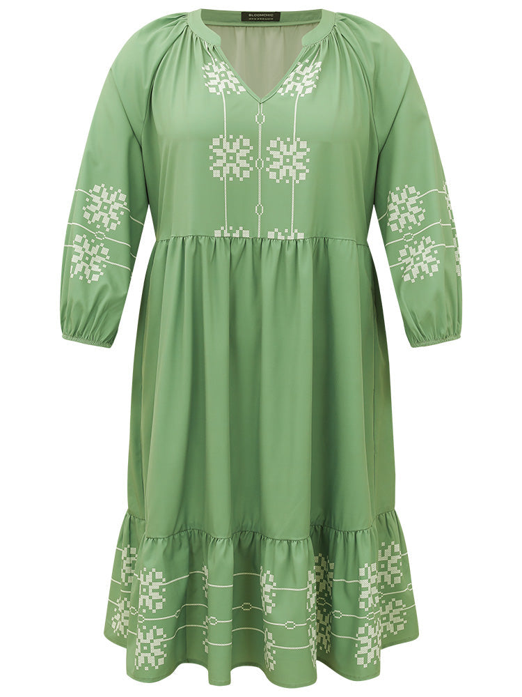 Bandana Print Notched Layered Hem Elastic Cuffs Dress