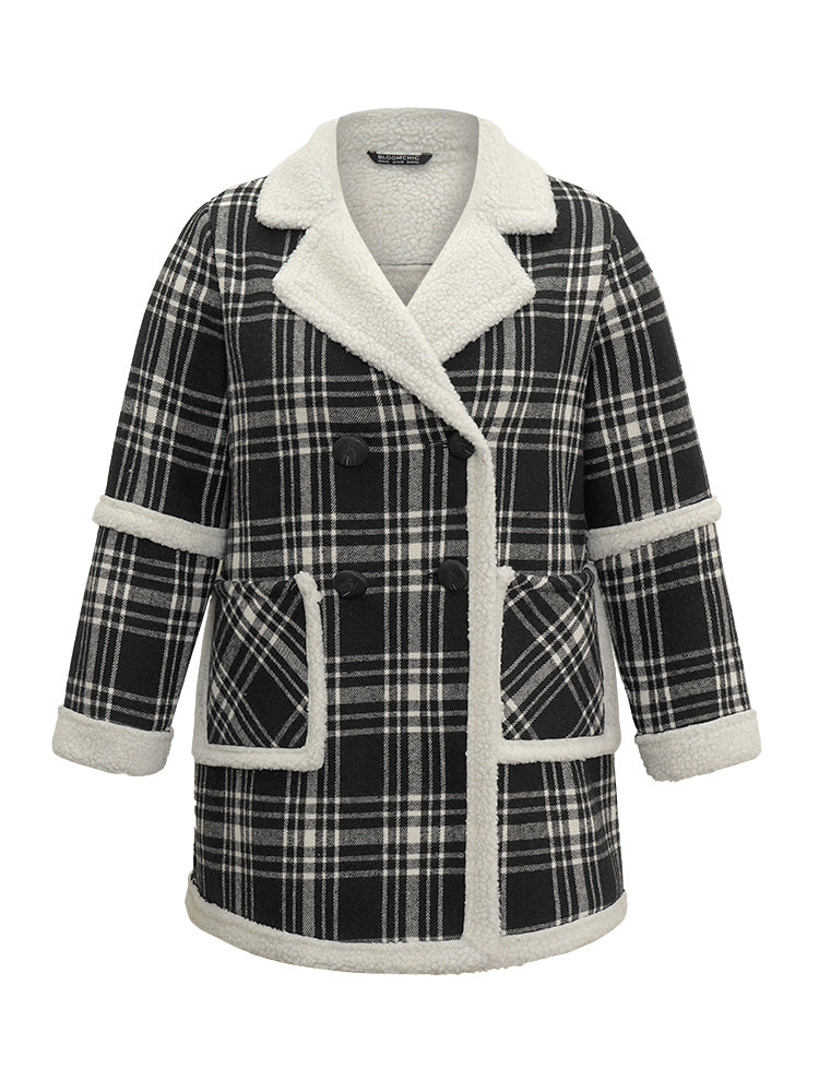 Lapel Collar Plaid Pocket Fuzzy Trim Coat