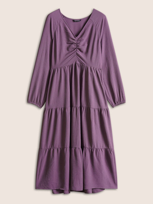 Solid Ruched Raglan Sleeve Layered Hem Dress