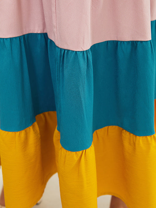 Colorblock Contrast Ruffle Tiered Pocket Tassels Tie Shoulder Dress