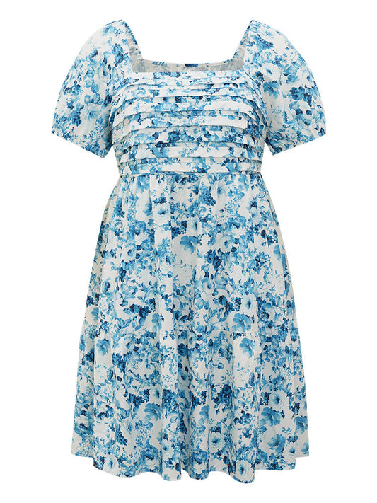 Batik Plicated Detail Square Neck Puff Sleeve Dress