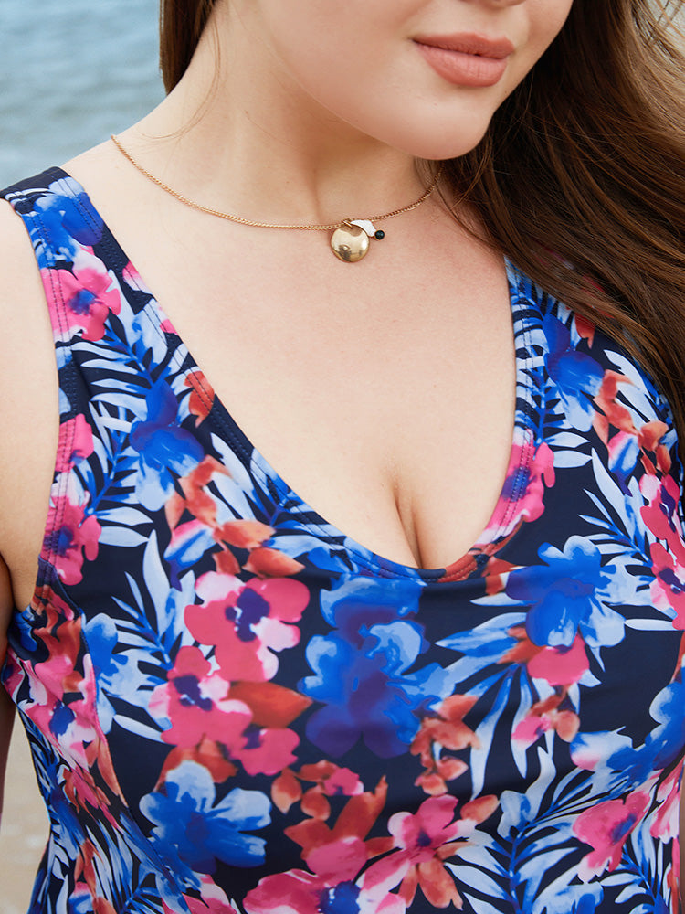 Floral Print Ruffles Sculpt Waist A Line Swim Dress