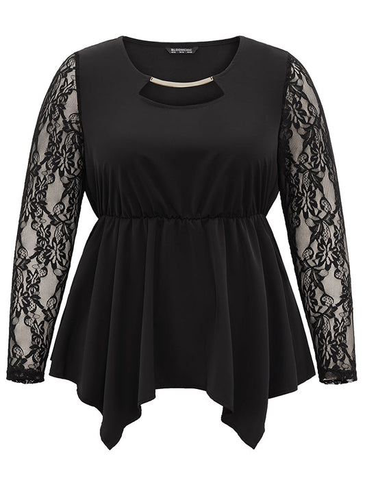 Guipure Lace Metal Detail Cut Out Hanky Hem Blouse