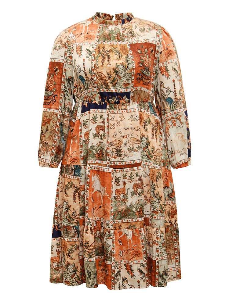 Boho Print Stand Collar Pleated Lantern Sleeve Dress