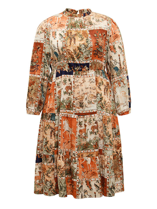 Boho Print Stand Collar Pleated Lantern Sleeve Dress