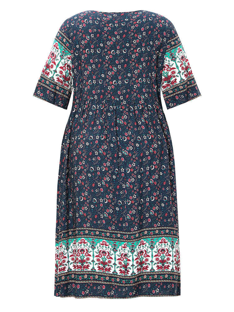 Floral Print Ruffles V Neck Button Detail Midi Dress