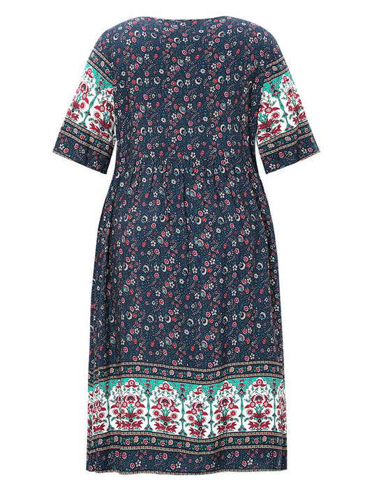 Floral Print Ruffles V Neck Button Detail Midi Dress