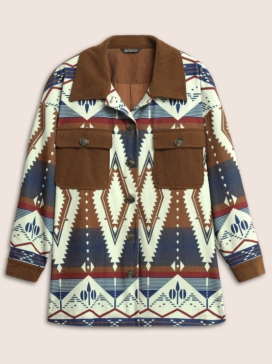 Geometric Patchwork Corduroy Patched Pocket Jacket