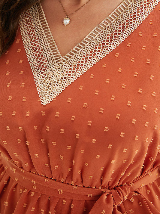 Polka Dot Ruffle Belt Contrast Lace Asymmetrical Hem Tank Top