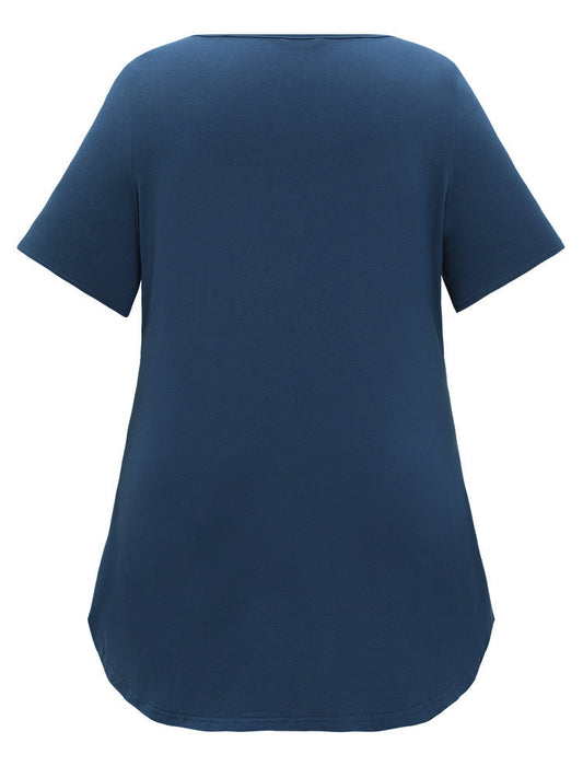 Solid Distressed Detail Arc Hem Keyhole Neck T-shirt