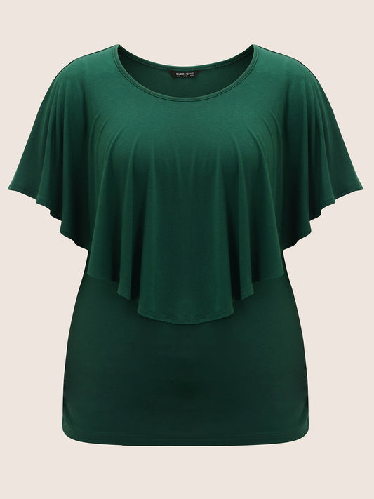 Solid Gathered Flutters Batwing Sleeve T-shirt