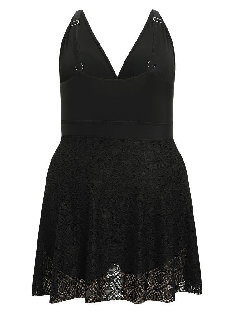 Contrast Lace Ruffle Hem Surplice Neck Swim Dress