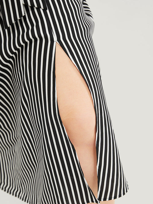 Striped Contrast Pocket Belt Off Shoulder Split Dress