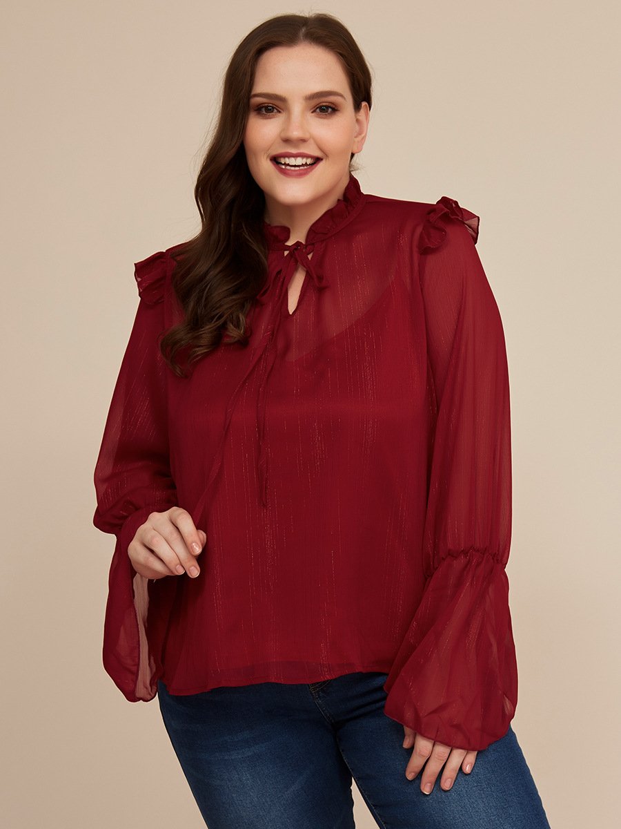 Flared Sleeve Tied Chiffon Blouse