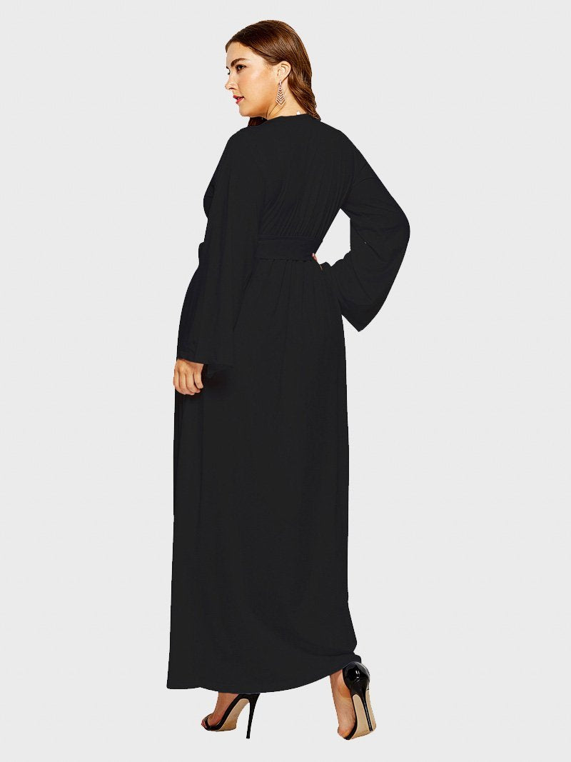 Belt V-neck Solid Color Maxi Dress