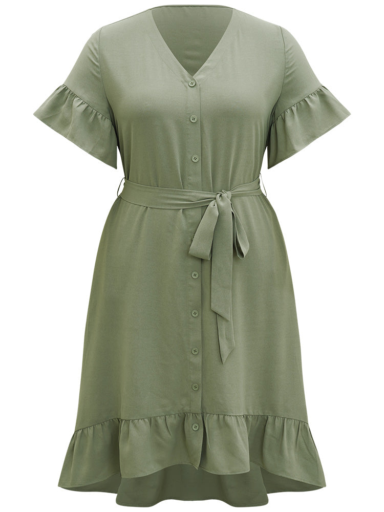 Plain Button Through Belted Pocket Flutter Sleeve Dress