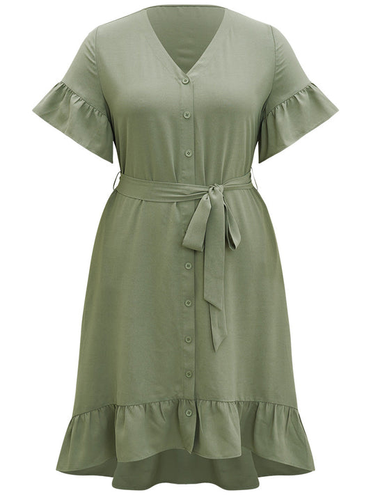 Plain Button Through Belted Pocket Flutter Sleeve Dress
