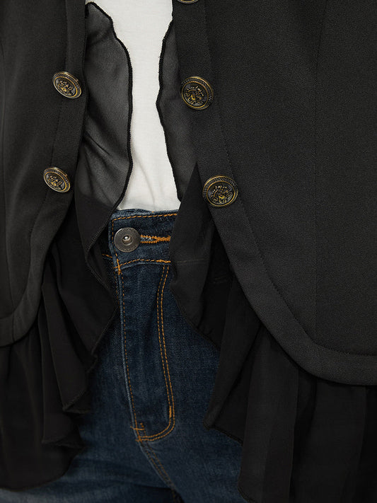 Plain Ruffle Trim Button Detail Open Front Coat