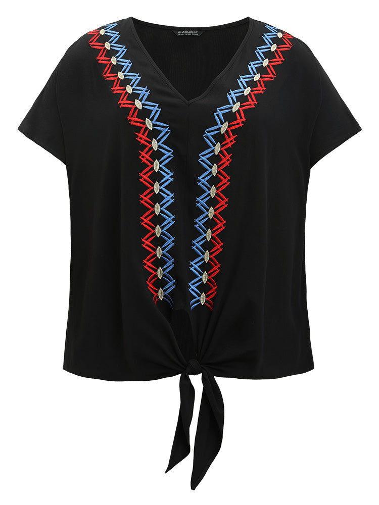 Contrast Embroidered Twist Front V Neck Blouse