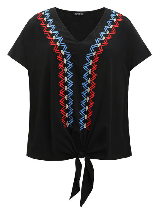 Contrast Embroidered Twist Front V Neck Blouse