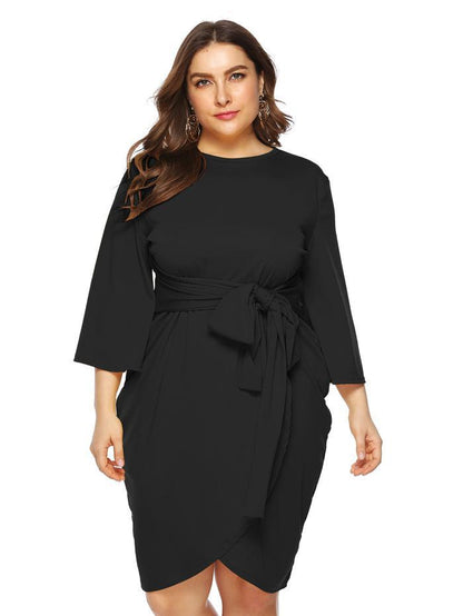 Belt Round Neck Solid Color Dress