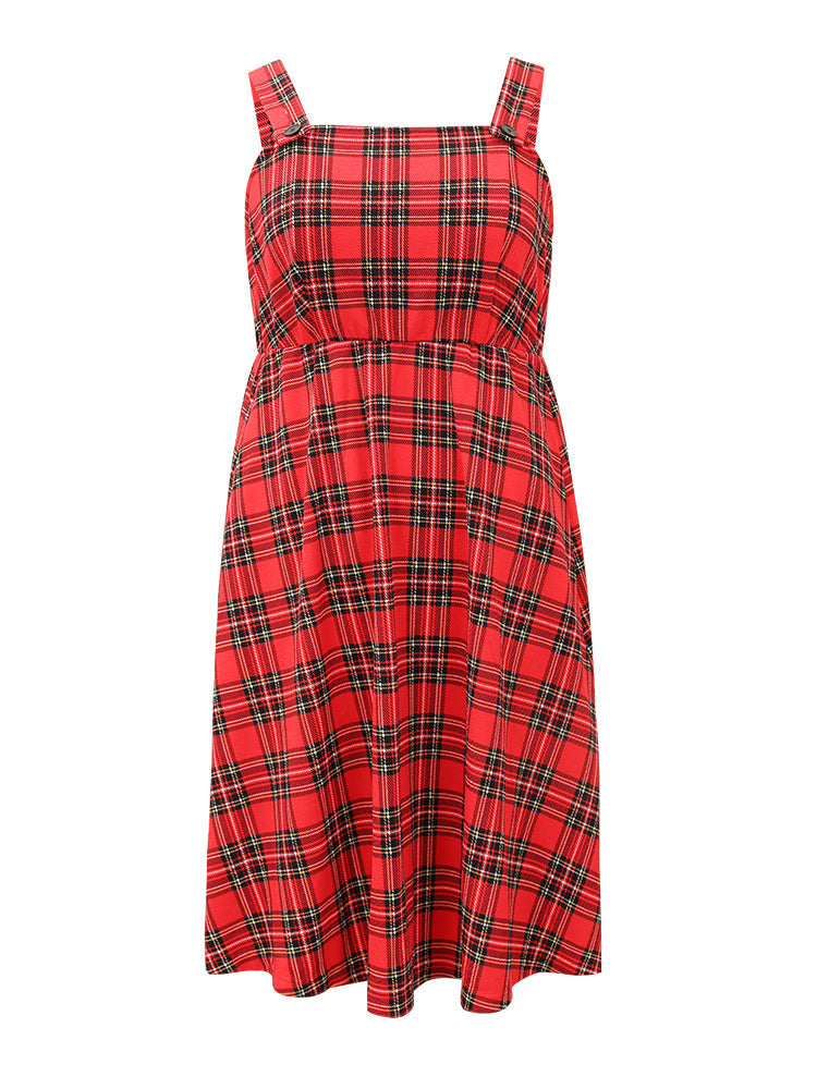 Plaid Button Up Adjustable Straps Dress