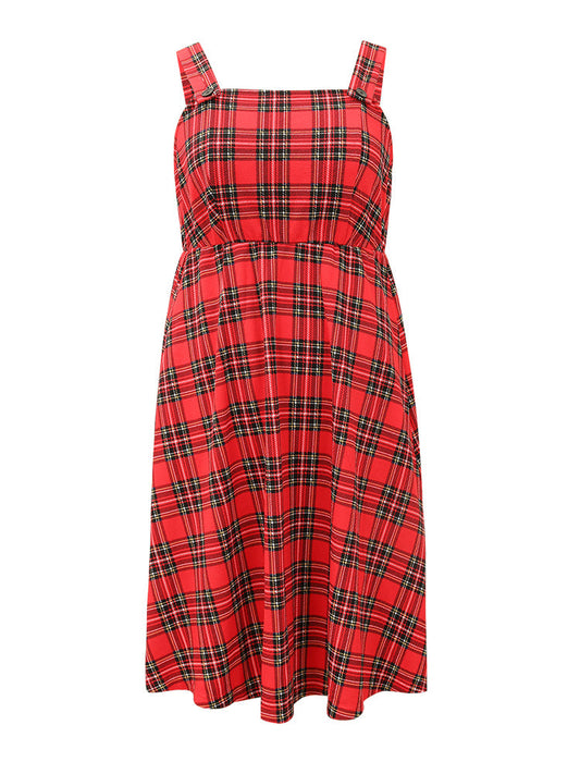 Plaid Button Up Adjustable Straps Dress