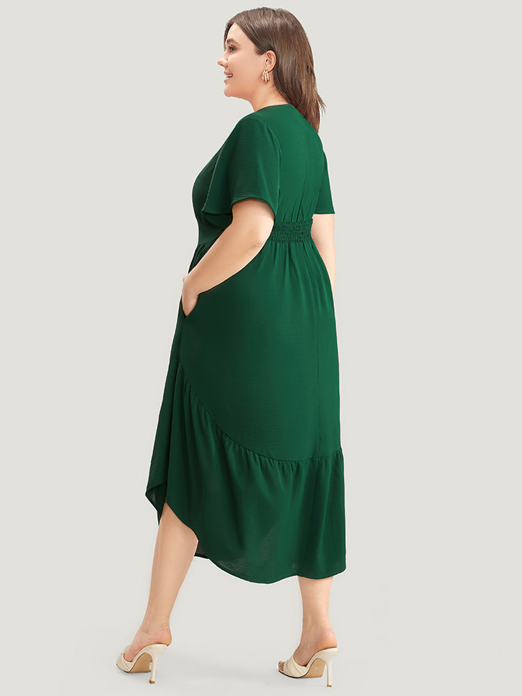 Plain V Neck Pocket Ruffle Button Detail Arc Hem Dress