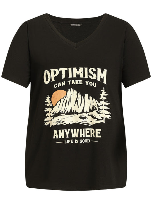 Landscape & Letter Print V Neck T-shirt