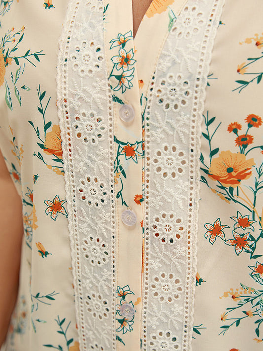 Floral Eyelet Lace Notched Button Up Tank Top