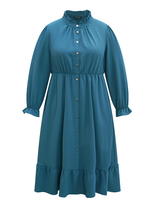 Static-Free Stand Collar Pleated Ruffles Dress