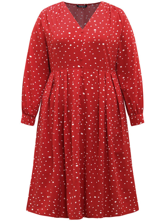 Polka Dot Button Detail Pleated Dress
