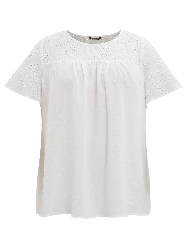 Polka Dot Laser Cut Gathered Patchwork Blouse