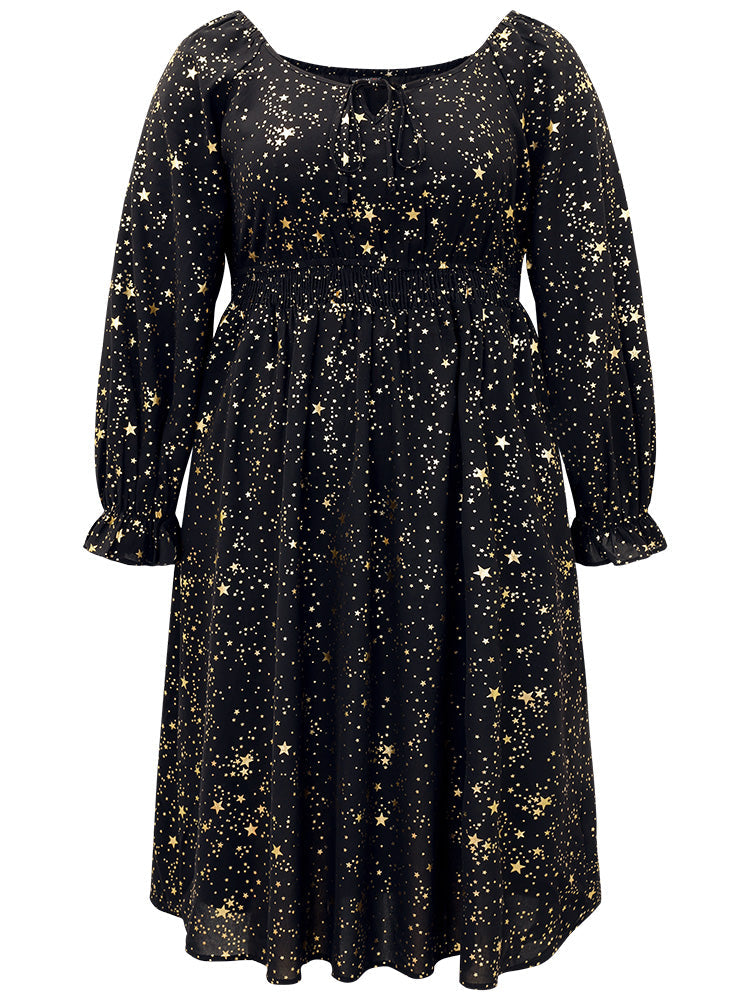 Glitter Star Knot Neck Pocket Lantern Sleeve Dress