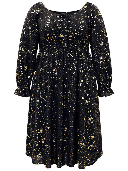 Glitter Star Knot Neck Pocket Lantern Sleeve Dress