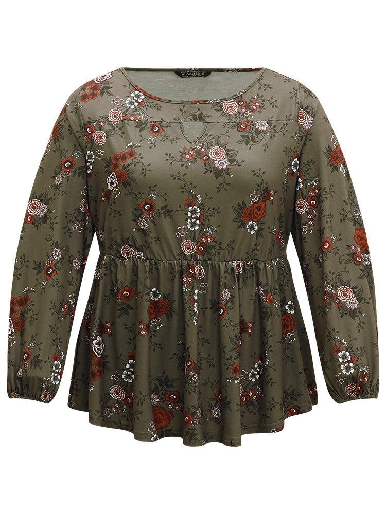 Floral Print Keyhole Elastic Waist T-shirt