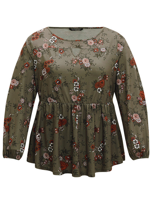 Floral Print Keyhole Elastic Waist T-shirt